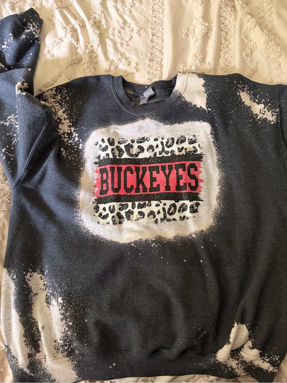 Gildan Black Crewneck Sweatshirt with Red Buckeyes Logo and Leopard Print